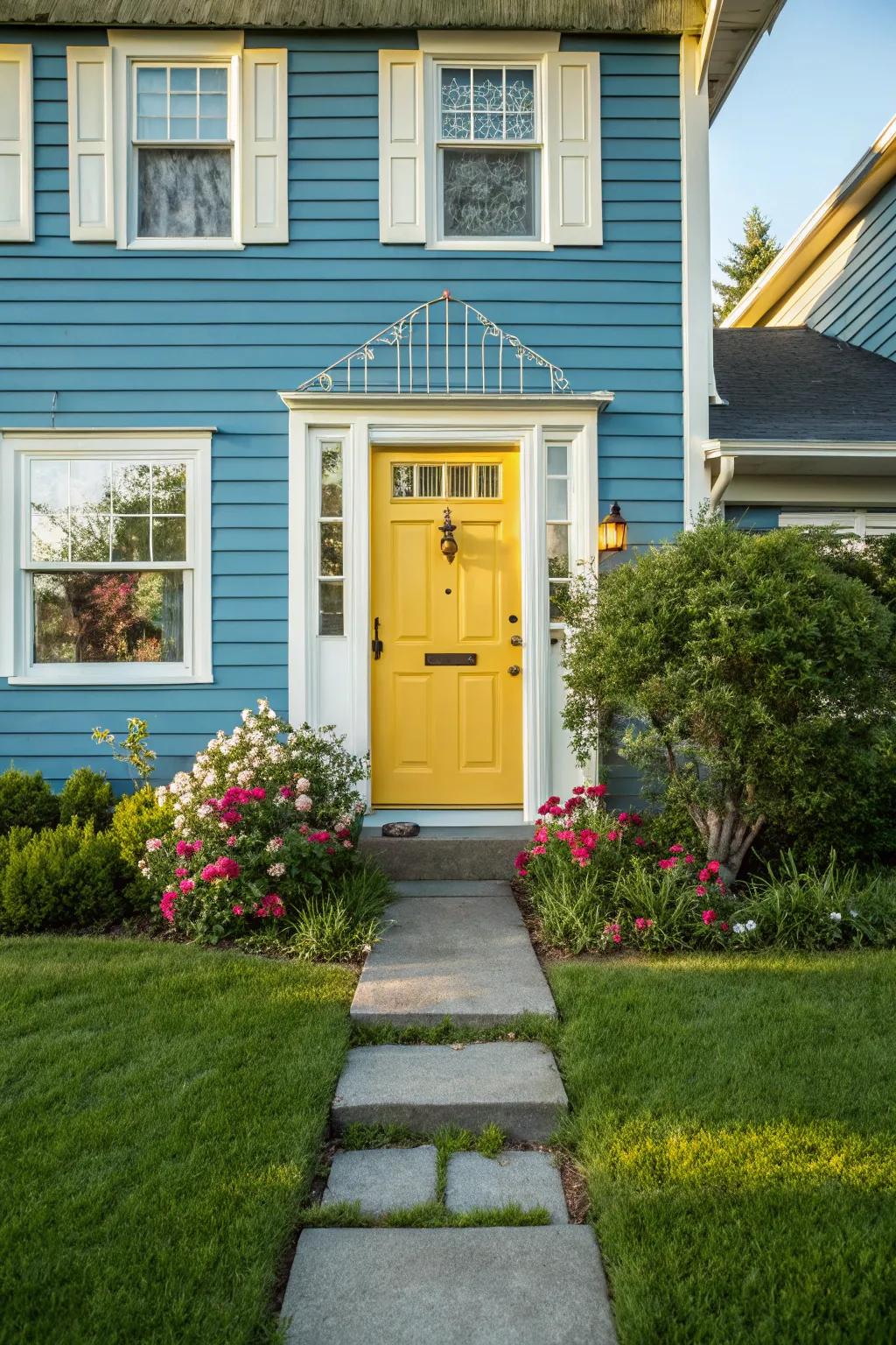 Lemon yellow doors brighten up any blue facade.