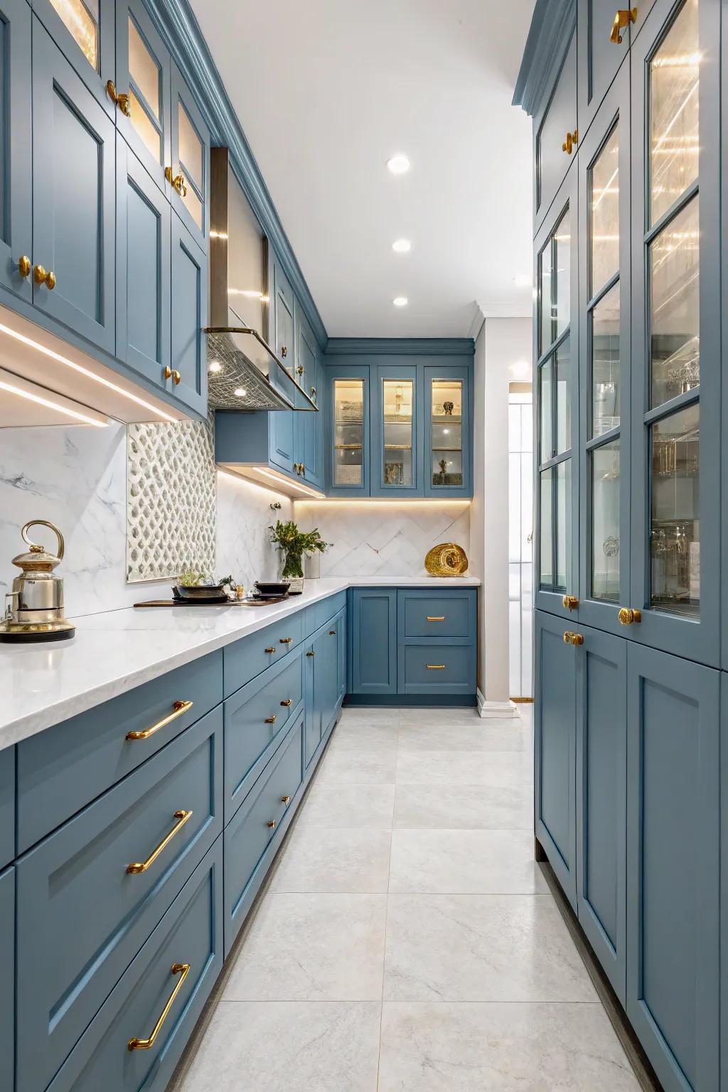 Symmetrical blue cabinets with gold hardware create a harmonious and orderly kitchen space.