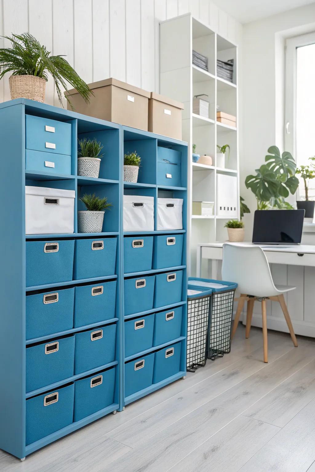 Blue storage solutions keep the office tidy.