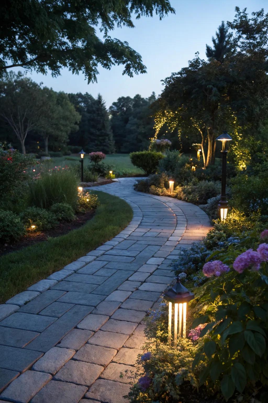 Lighting enhances the beauty and safety of bluestone walkways at night.