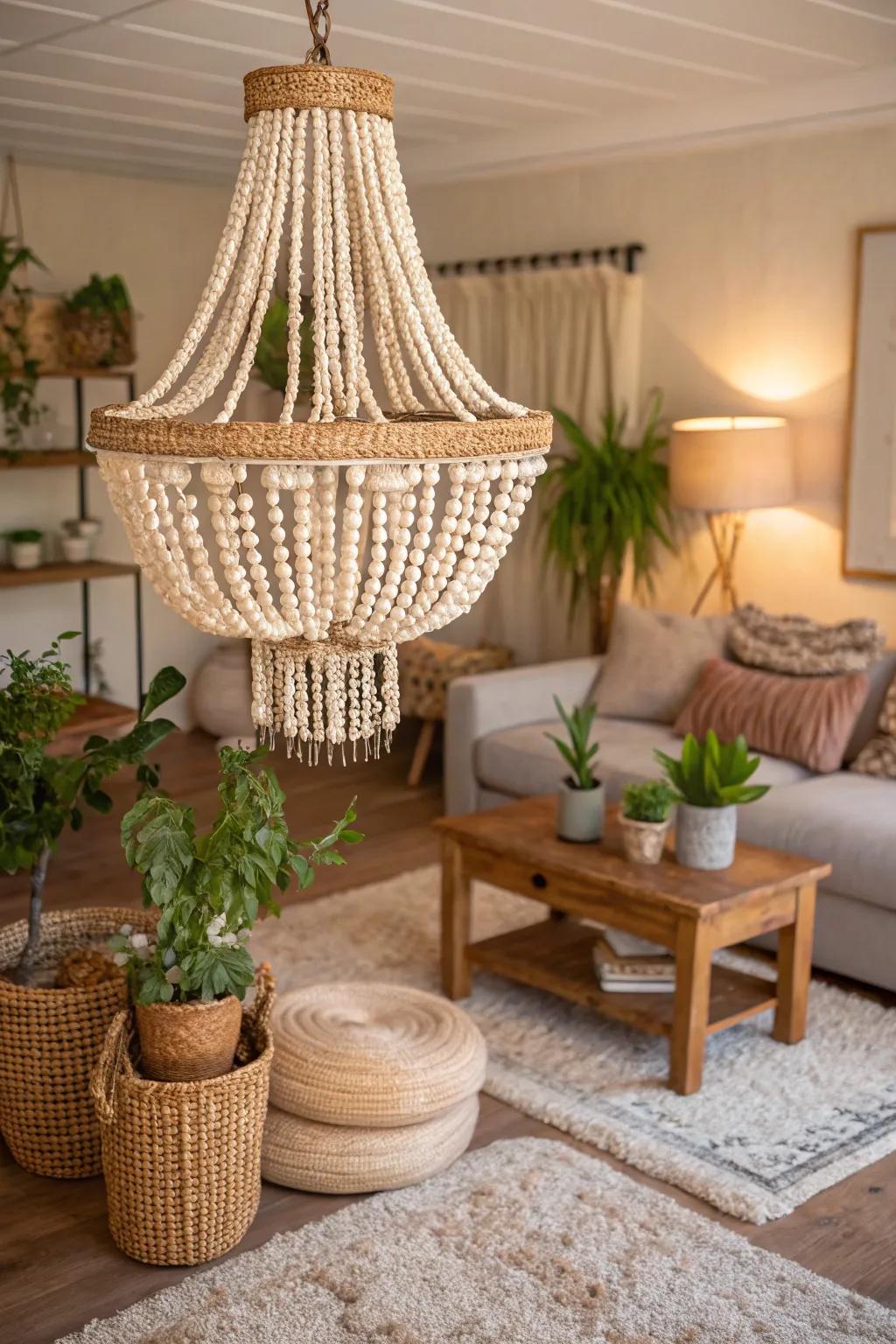 A beaded chandelier adds elegance to boho interiors.