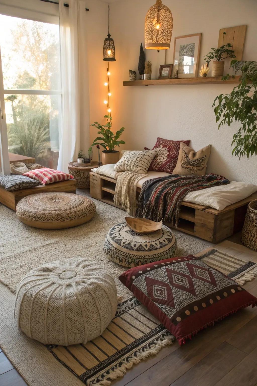 Low seating creates a relaxed and intimate boho environment.