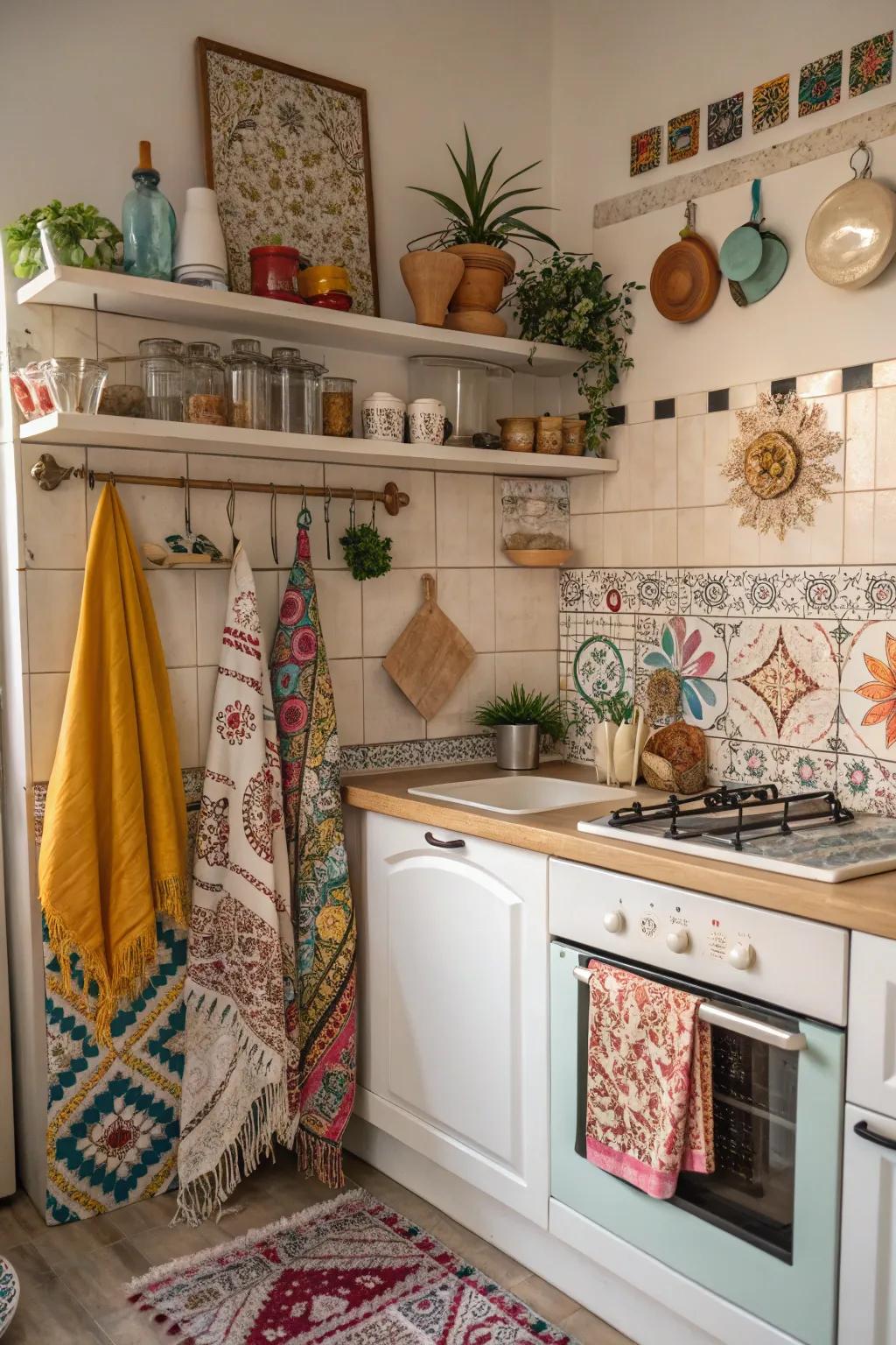 A whimsical pattern mix adds playful charm to this boho kitchen.