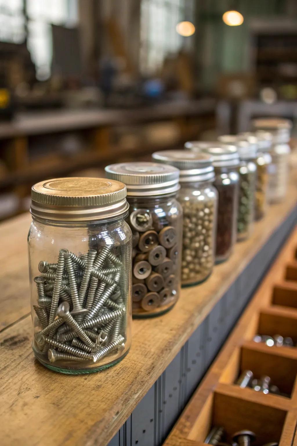 Elevate your workspace with vintage charm: Glass jars for bolt storage.