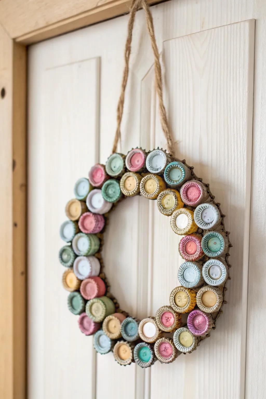 Add a touch of festive charm with a handcrafted bottle cap wreath, blending bohemian flair with minimalist elegance.