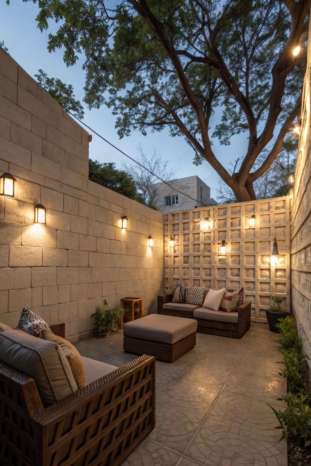 A cozy courtyard enclosed by decorative breeze block walls.