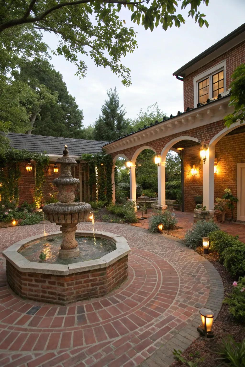 A traditional brick patio with a fountain feels magical.