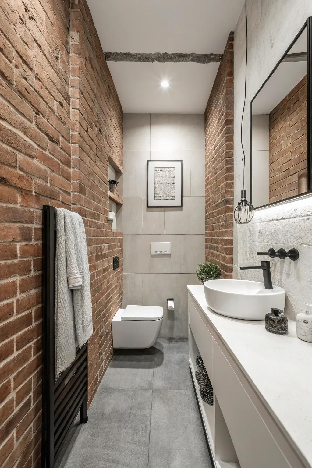 A monochrome palette with brick walls for a clean, unified bathroom look.