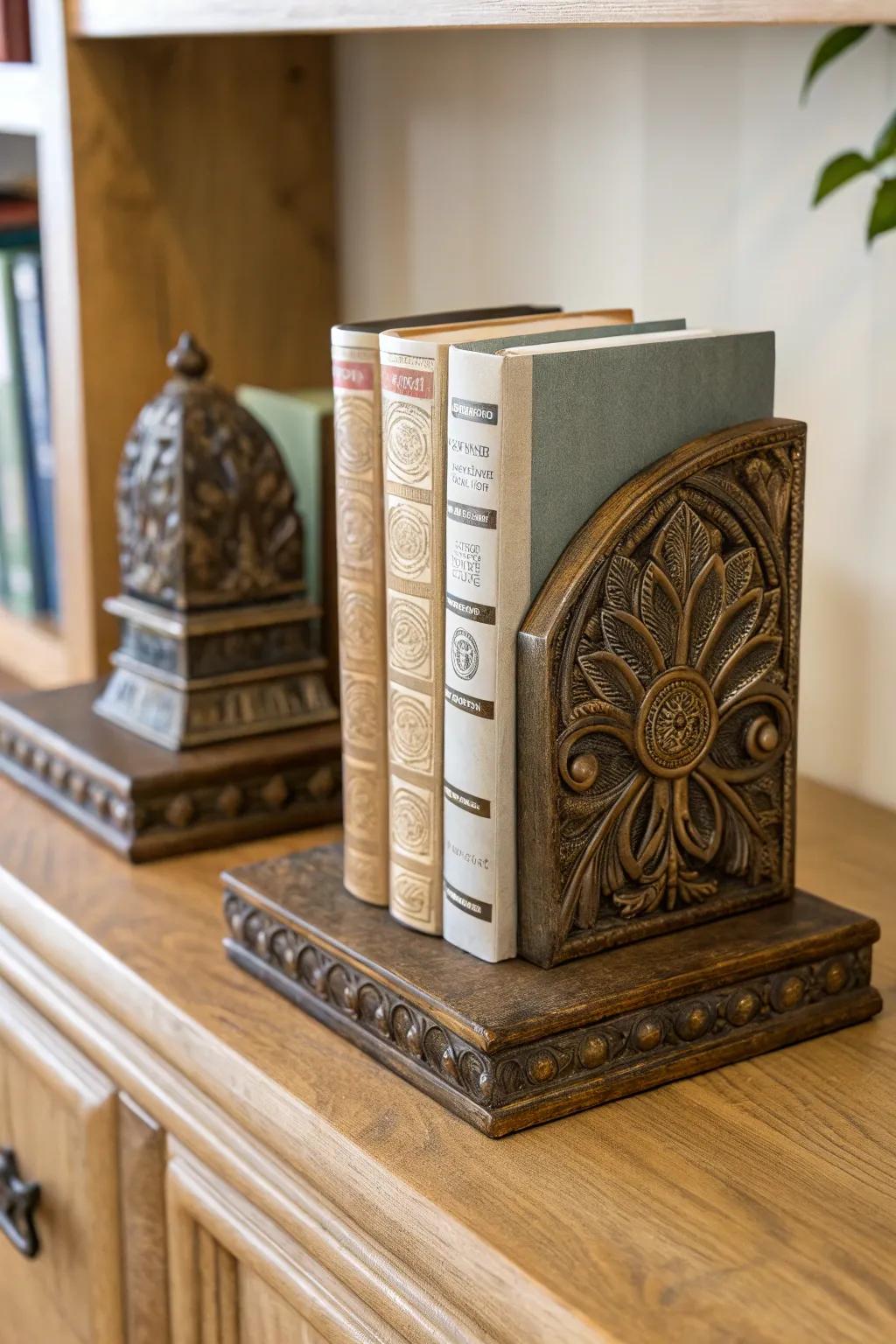 Add sophistication to your bookshelf with bronze bookends.