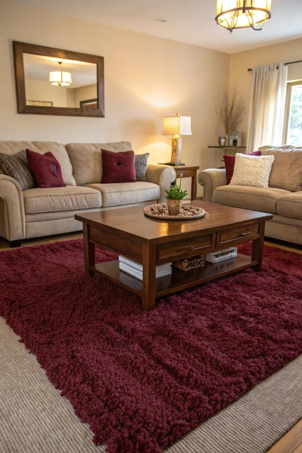 A plush burgundy rug adds comfort and ties the room's color scheme together.