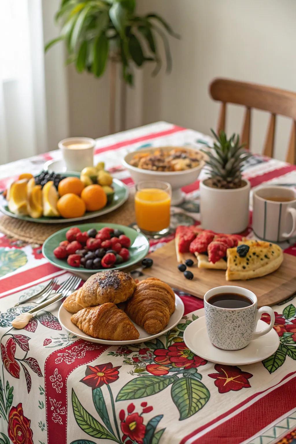 A brunch table with a bold themed tablecloth adding character.