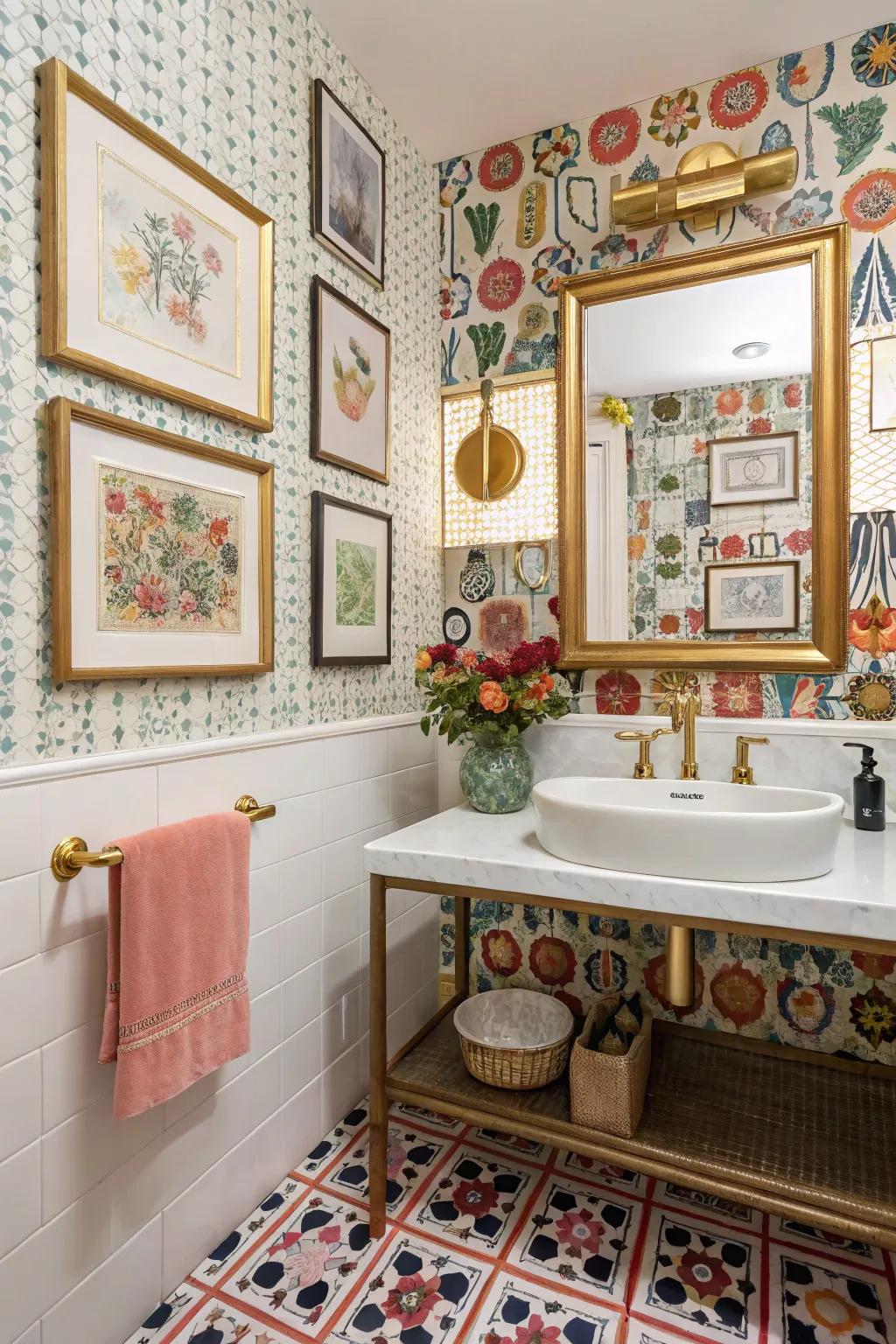 Eclectic prints paired with brushed brass for a vibrant bathroom design.