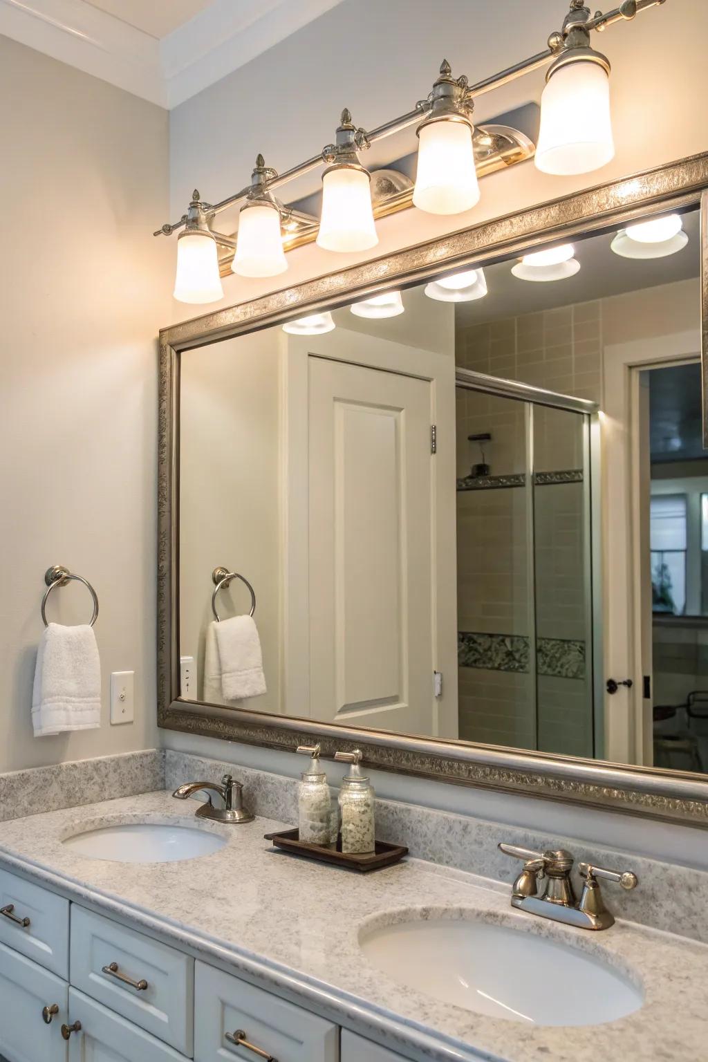 Subtle sophistication with frosted glass brushed nickel lighting above a bathroom mirror.