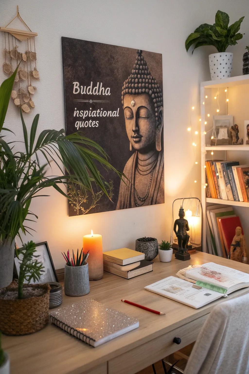 Buddha painting with inspirational quotes uplifts this motivational home office.