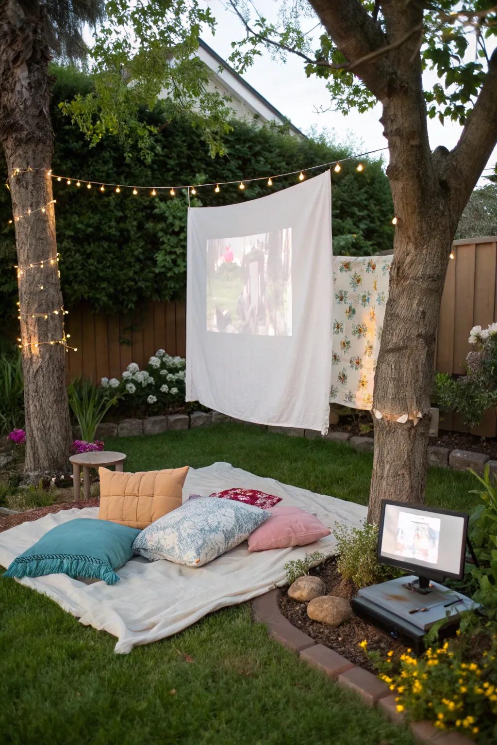 An outdoor movie setup transforms a backyard into a cinematic escape.