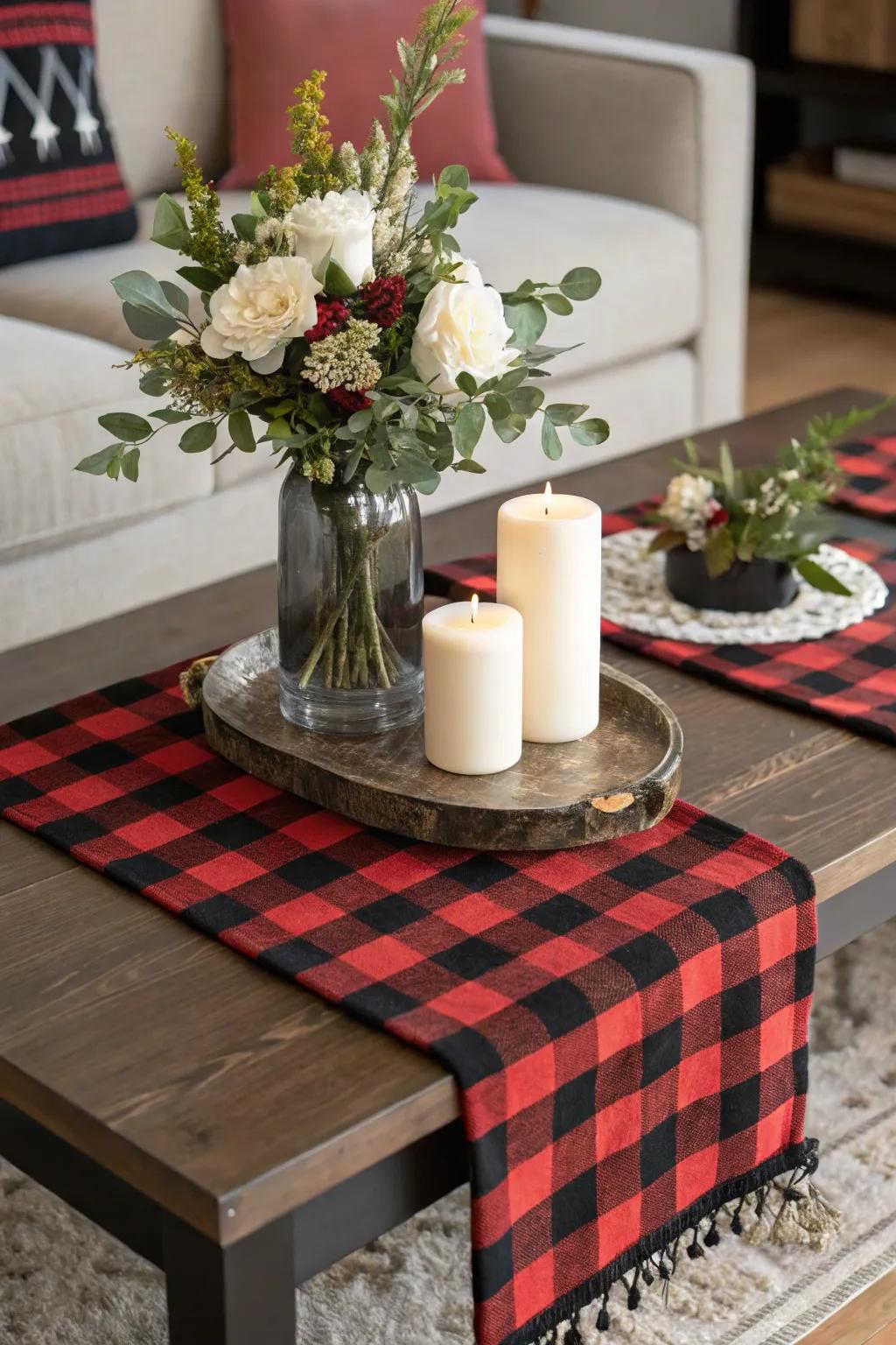 A buffalo plaid table runner adds elegance to a coffee table.