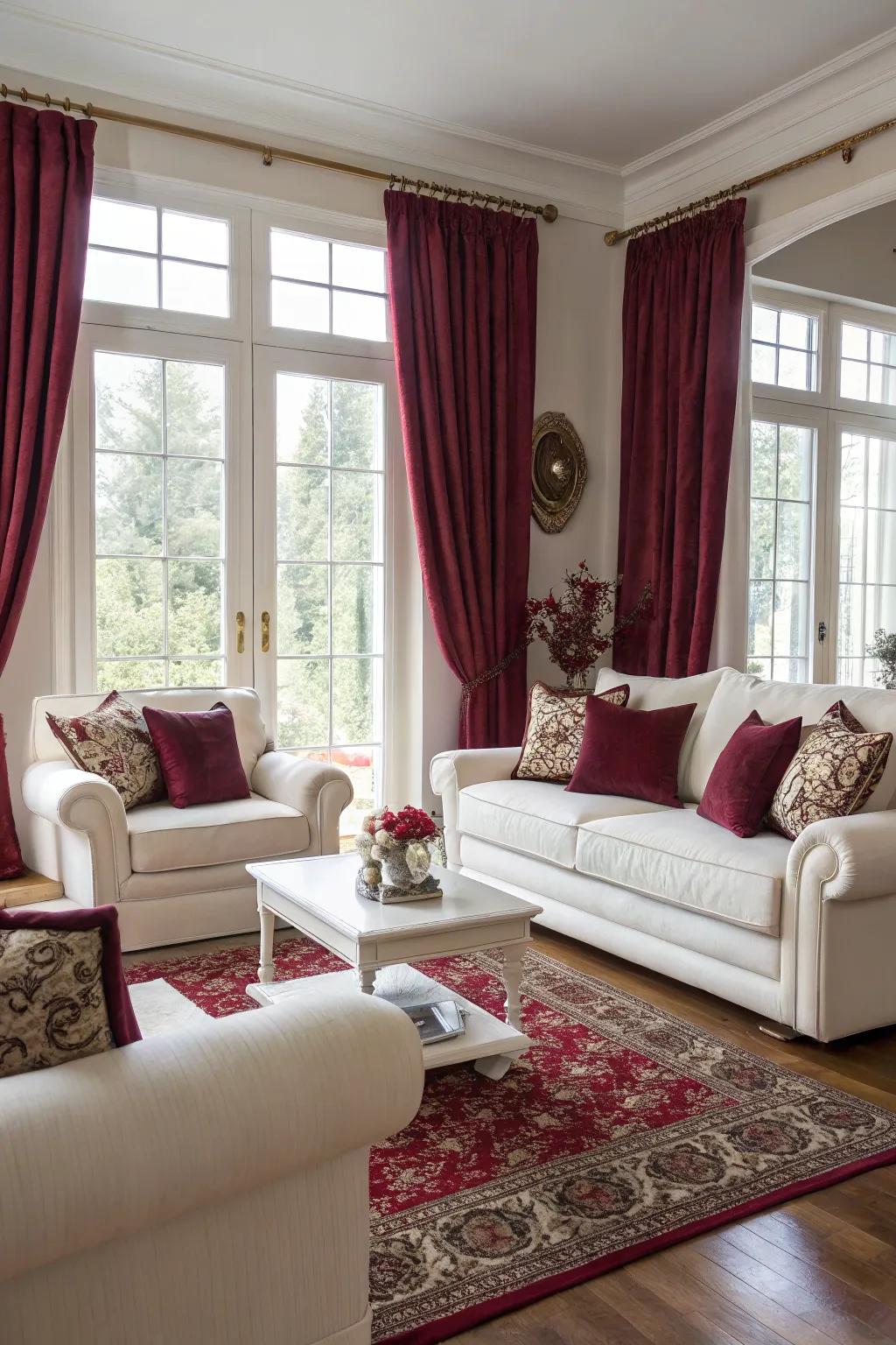 Burgundy and white create a clean, modern atmosphere in this living room.