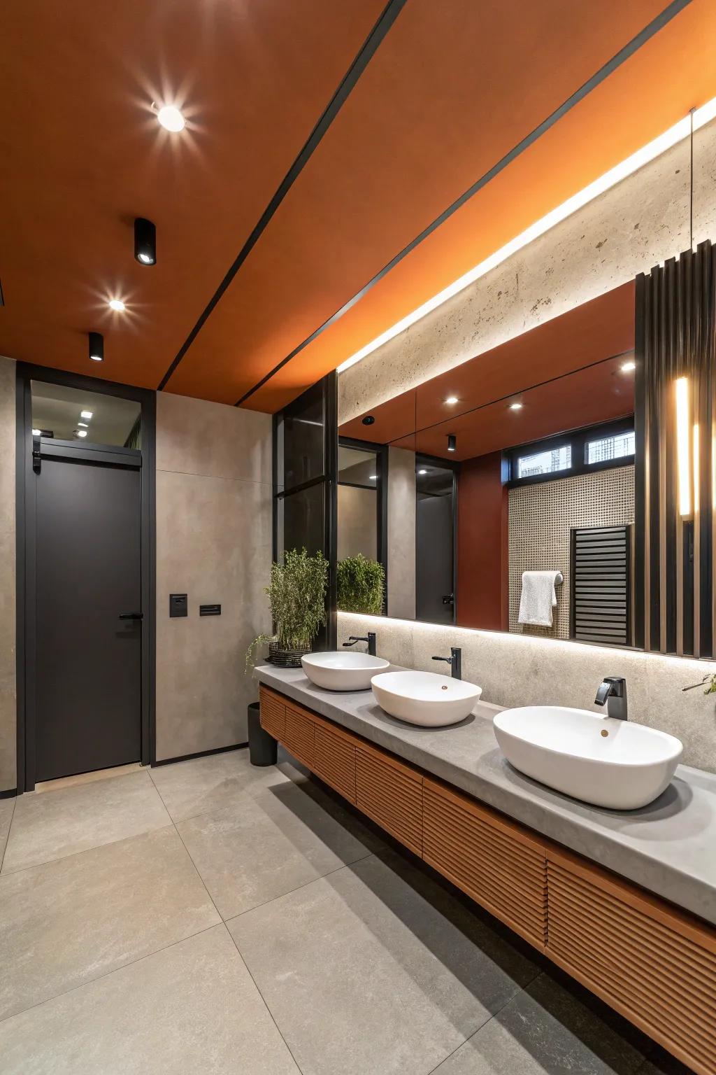 A burnt orange ceiling adds an unexpected twist to this bathroom.