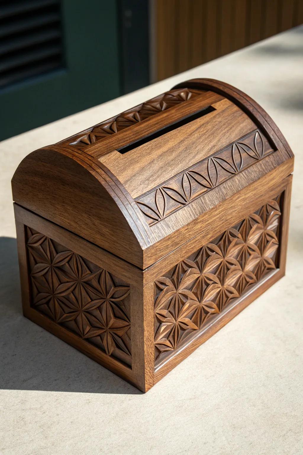 A masterpiece of craftsmanship: Elevate your workspace with this stunning sculptural wooden business card drop box.