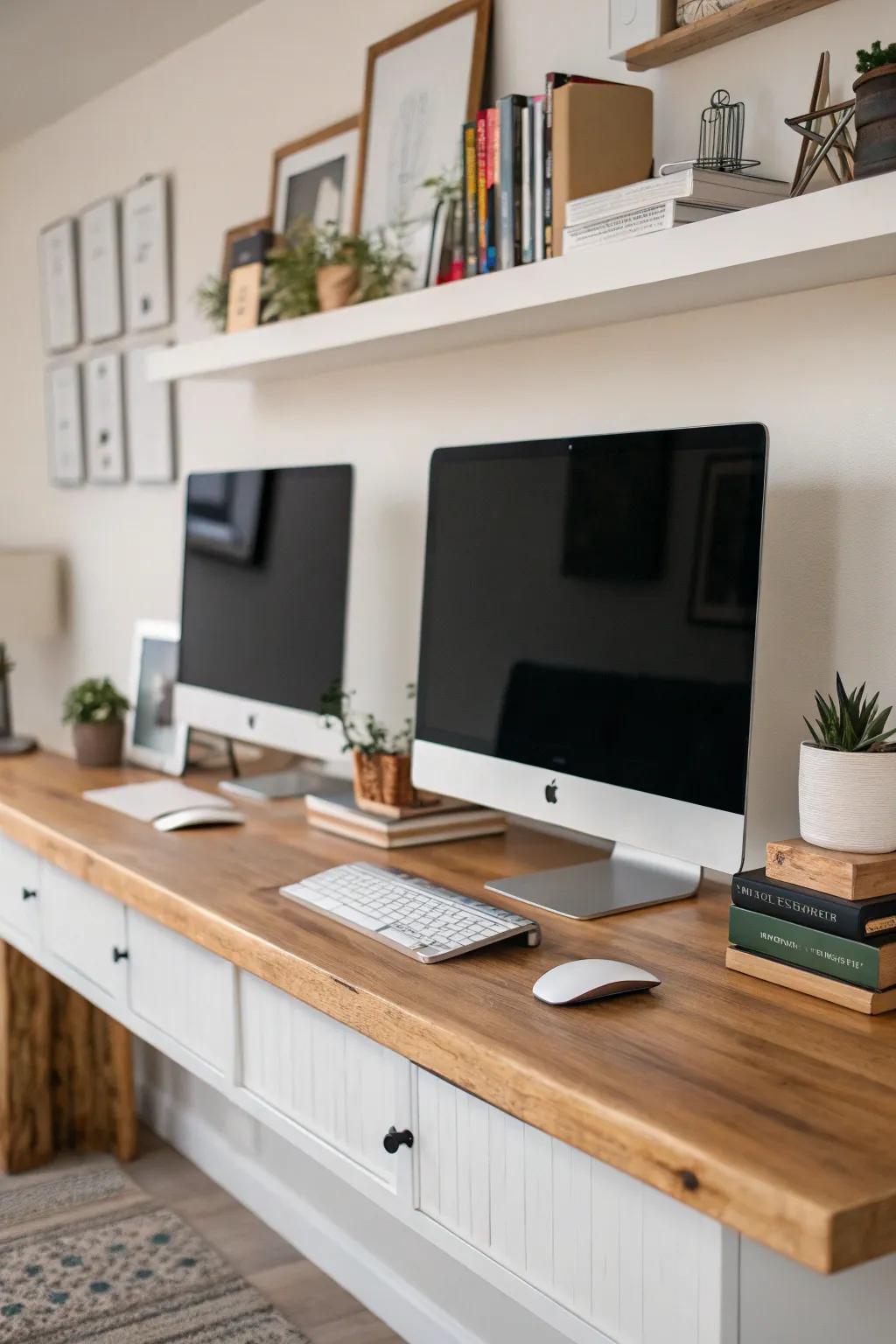 A butcher block desk with a floating shelf extension.