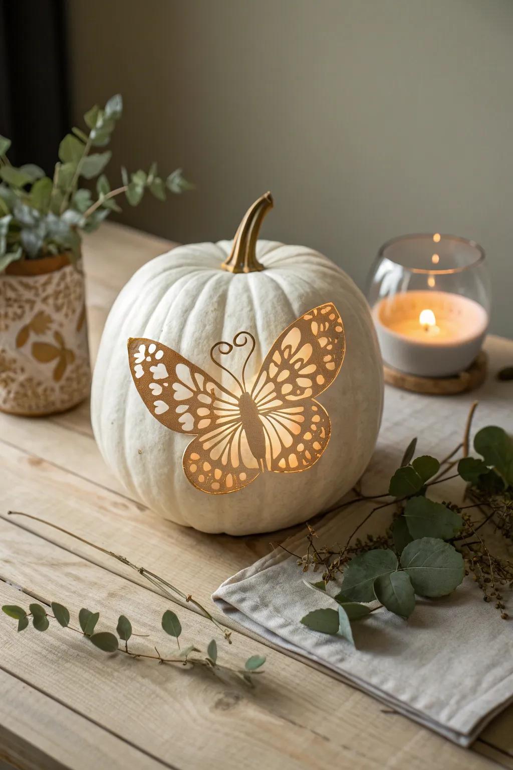Illuminate your porch with a glow of elegance: a butterfly-carved pumpkin embracing simplicity and natural beauty.