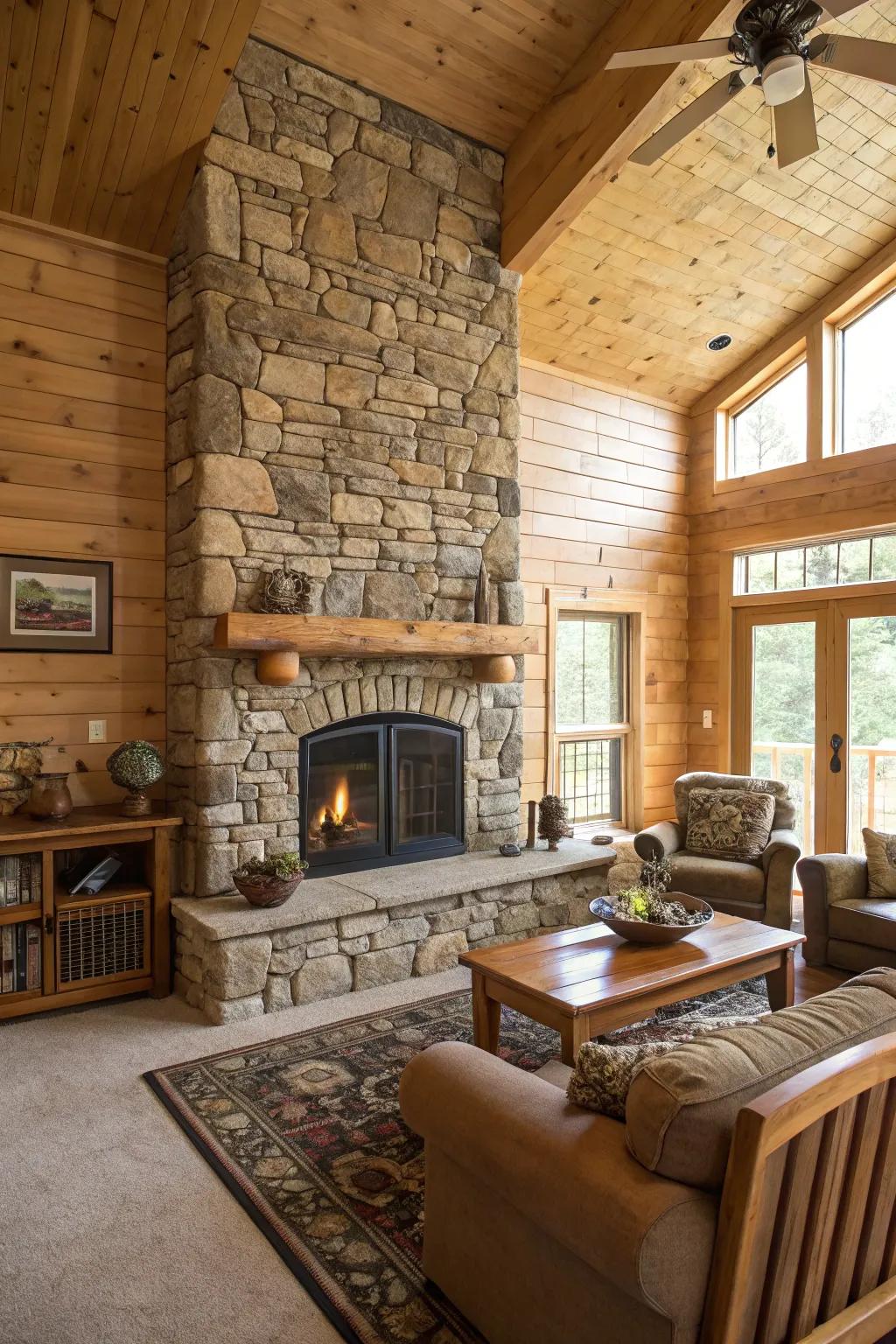 A stone veneer fireplace offering rustic charm at a lower cost.