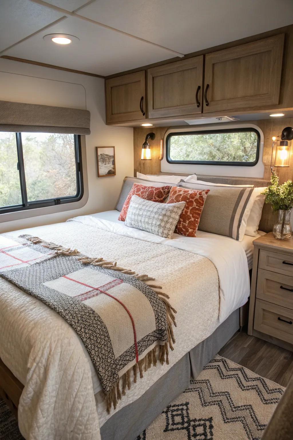 Create a cozy retreat with a well-made bed in your camper.