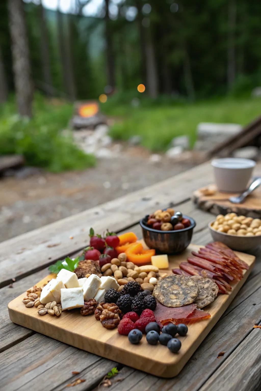 Elevate your outdoor dining with a trail mix twist on a classic charcuterie board. Perfect for both the trail and tastebuds!