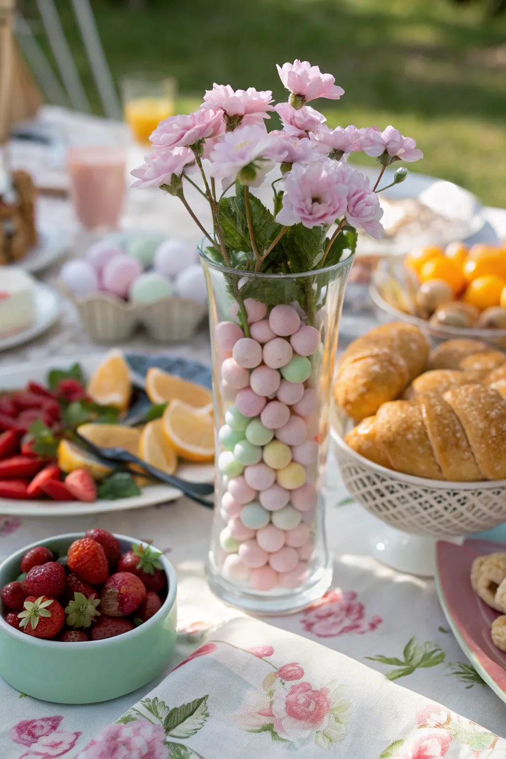 A pastel candy vase adds a touch of elegance to any celebration.