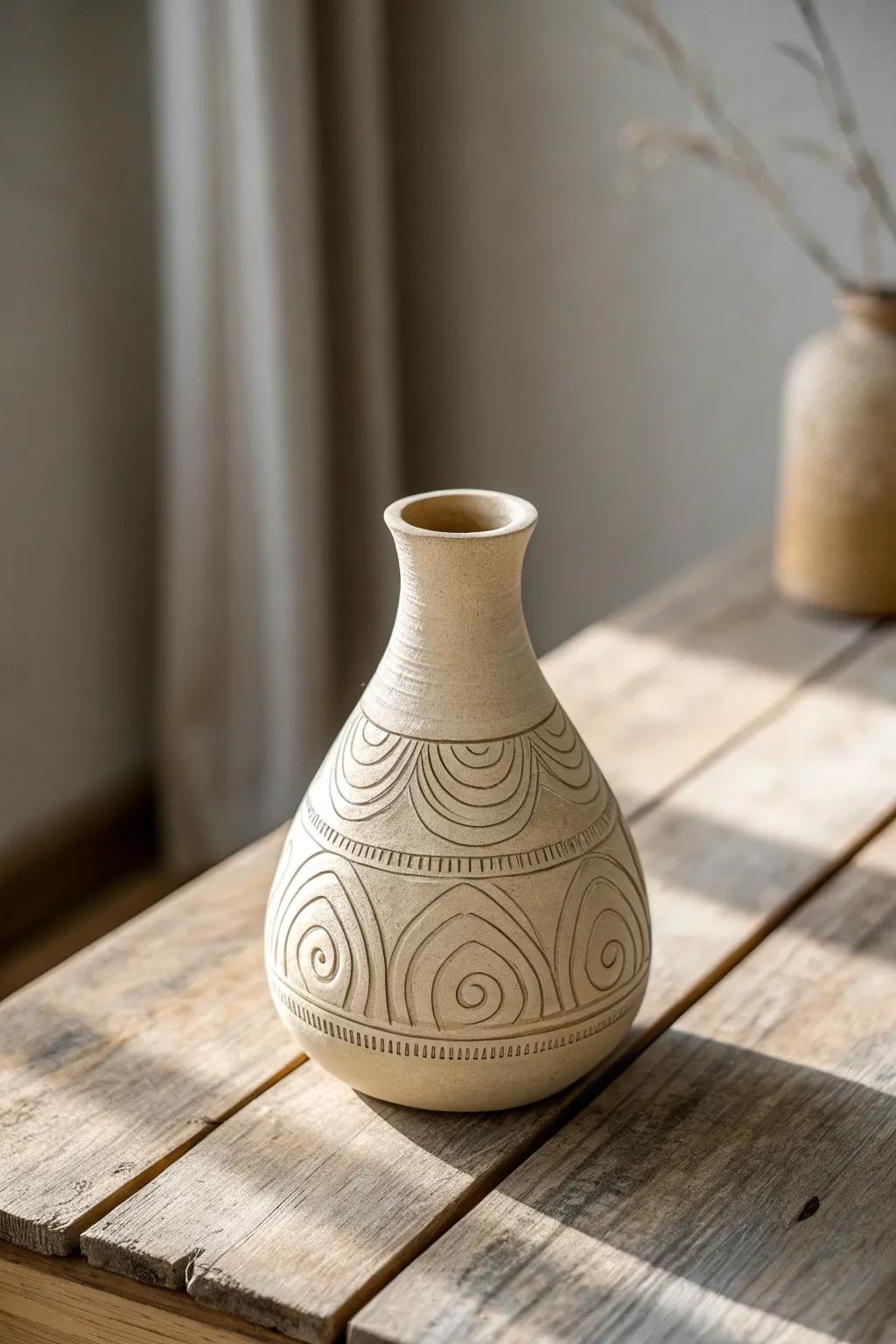 Embrace the beauty of simplicity with this exquisitely carved minimalist pottery piece.