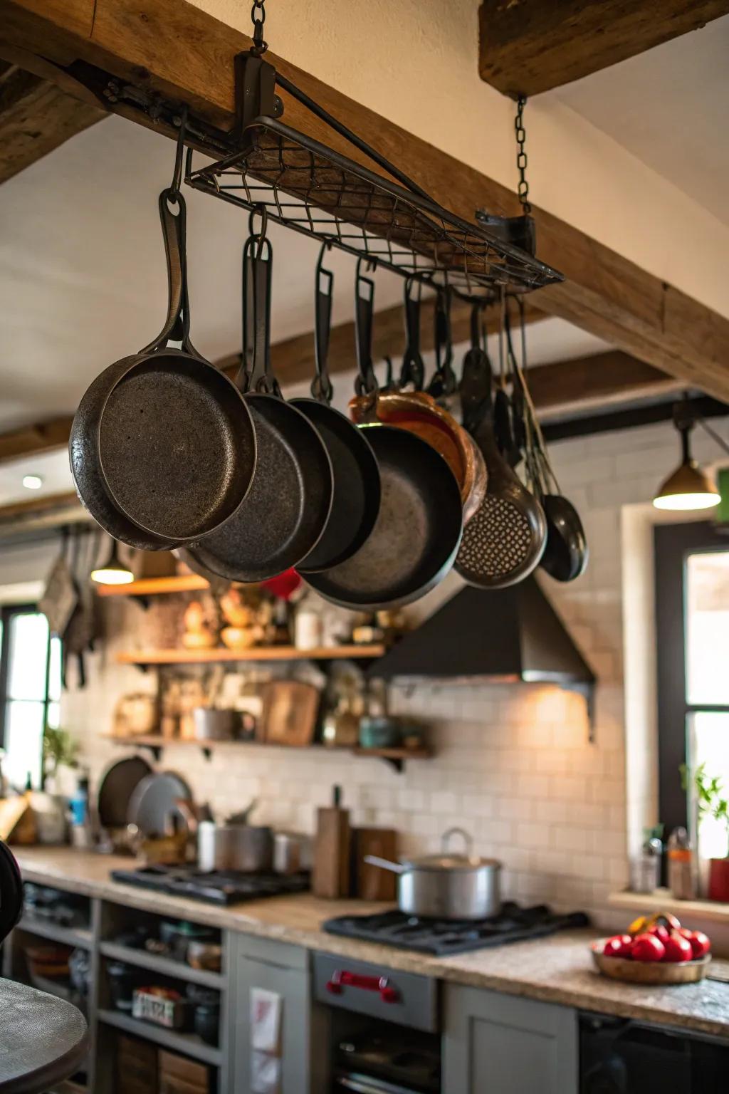 Ceiling-mounted pot rack displaying cast iron cookware.