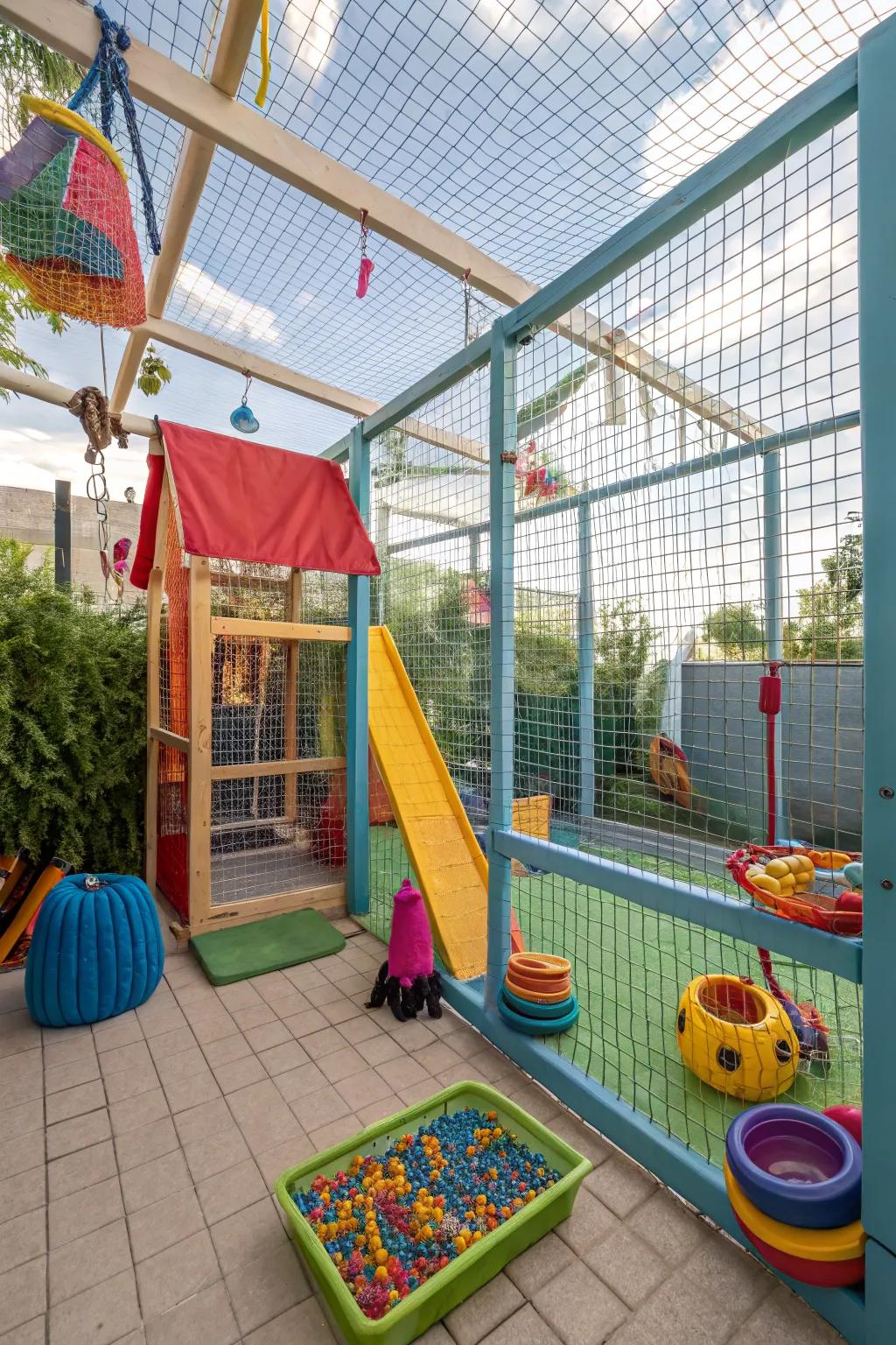 A colorful catio with vibrant accessories and toys.