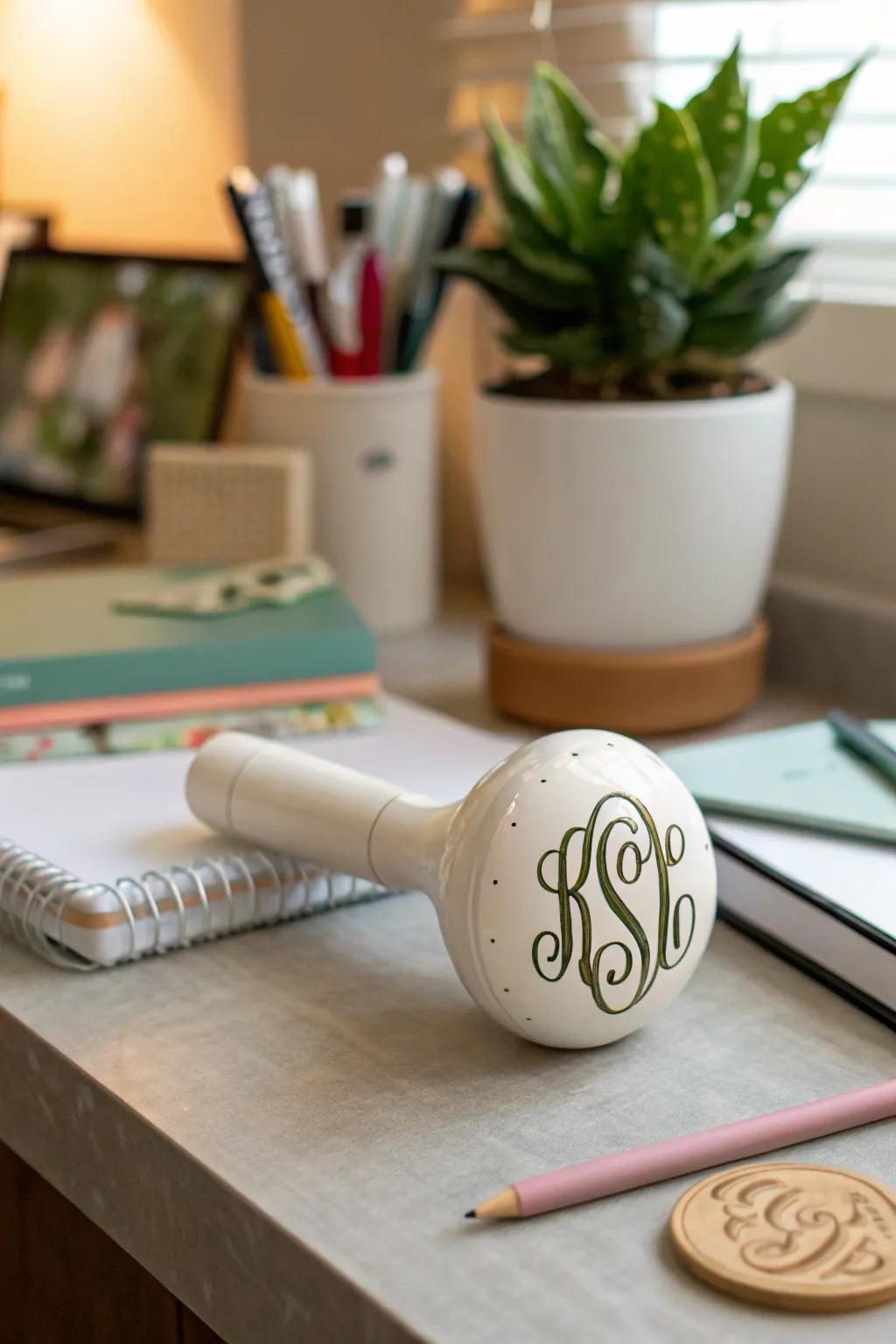 Monogrammed rattles make thoughtful and personalized decor pieces.