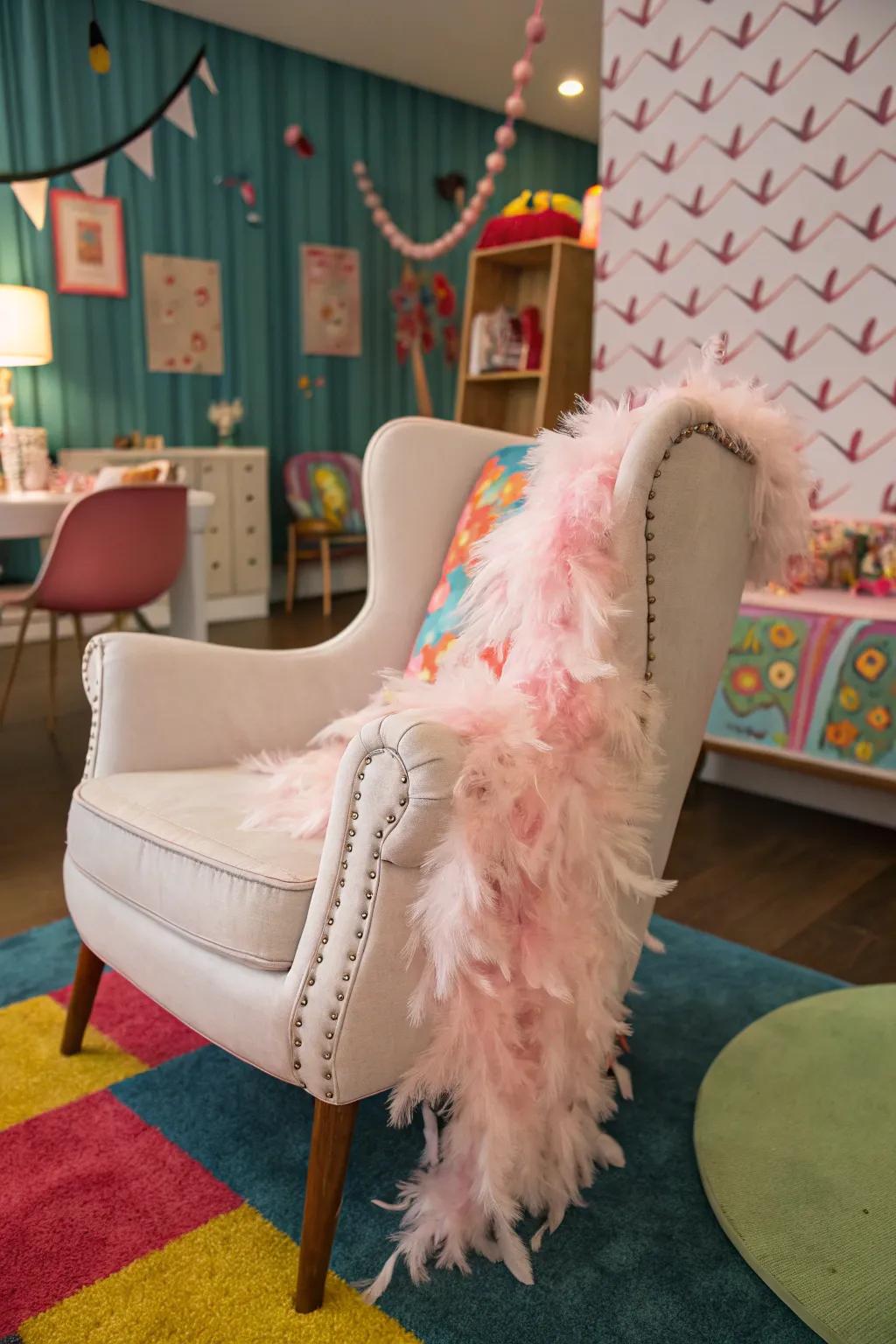 Feather accents bring a whimsical touch to chair decor.