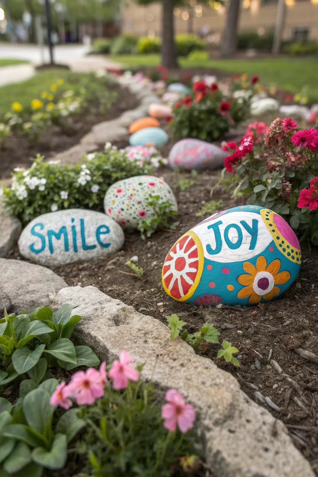 Chalk-painted rocks add a colorful surprise to garden beds.