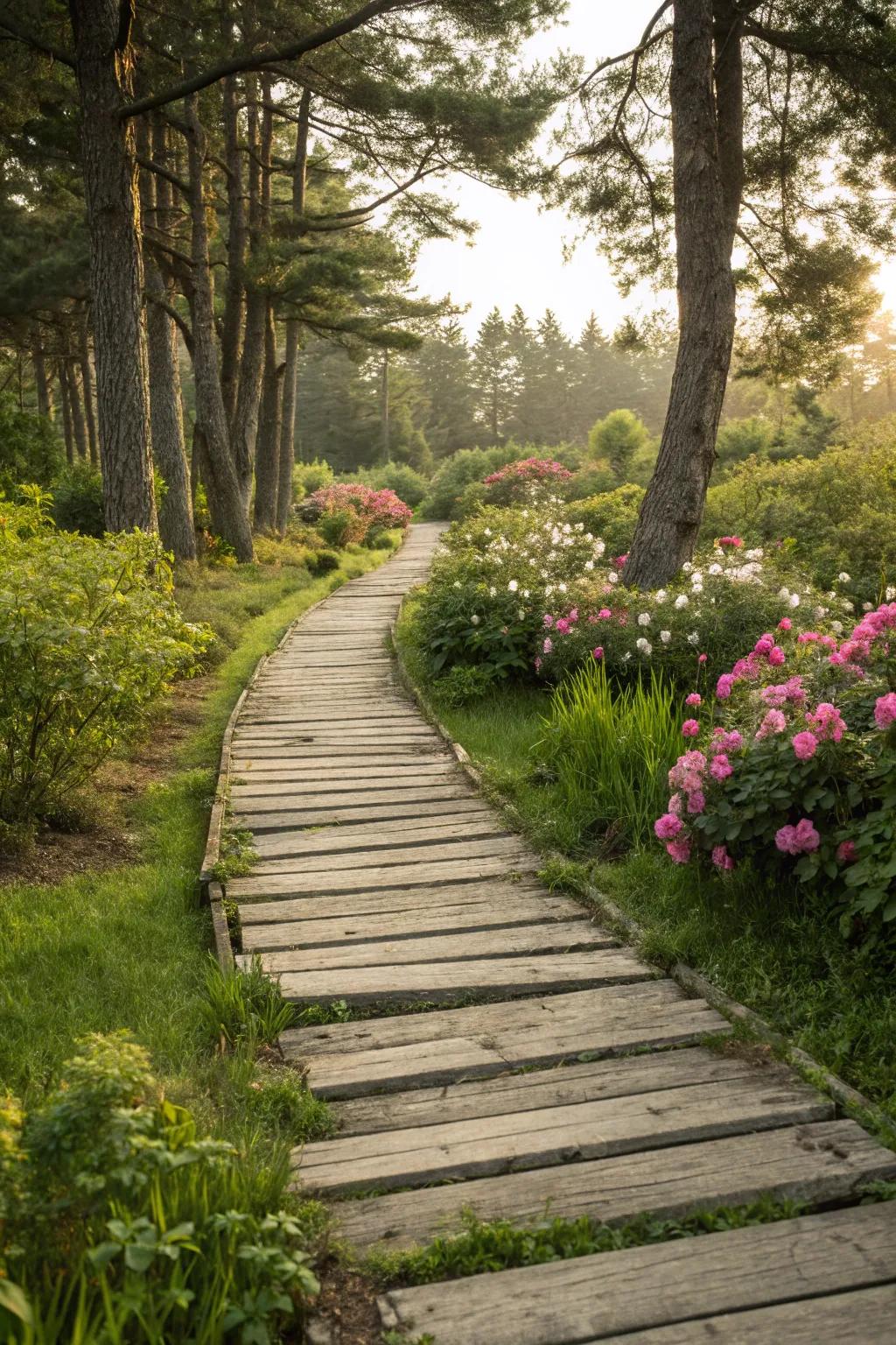 Reclaimed wood planks create a rustic, eco-friendly garden path.