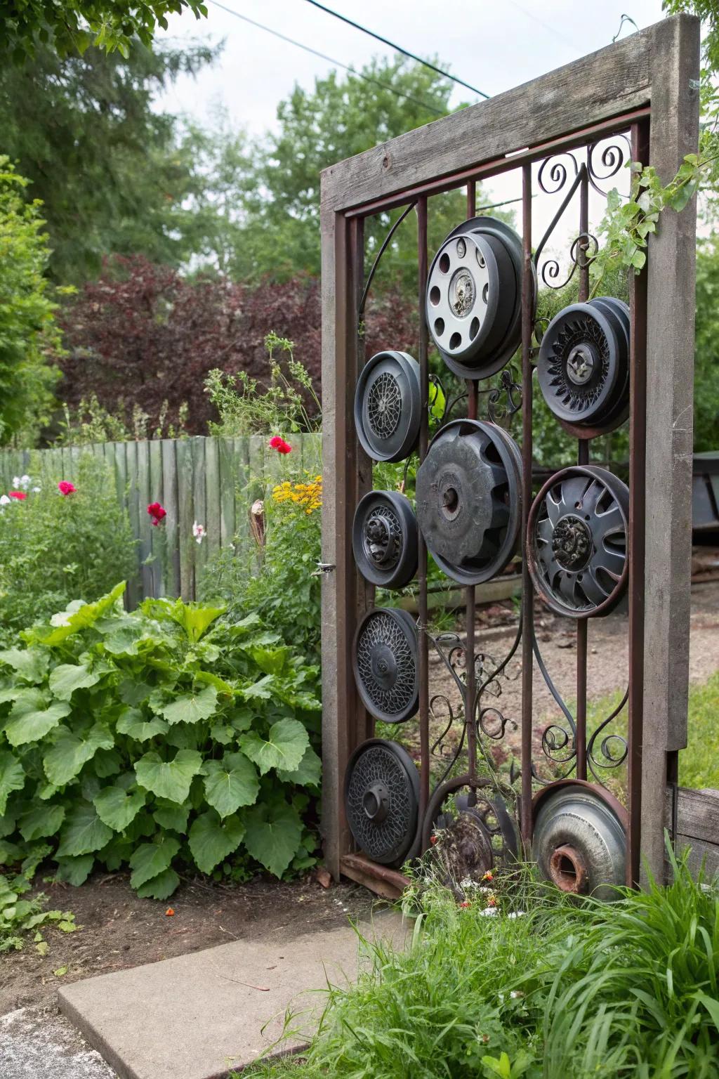 A quirky garden gate crafted from tire rims, offering an industrial-chic entrance.