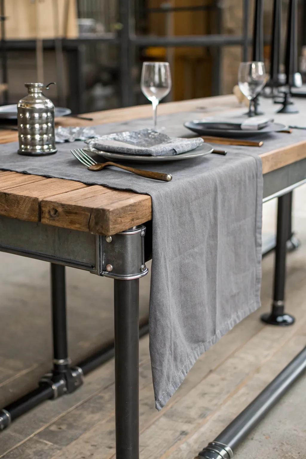 Industrial edge with a gray cheesecloth runner.