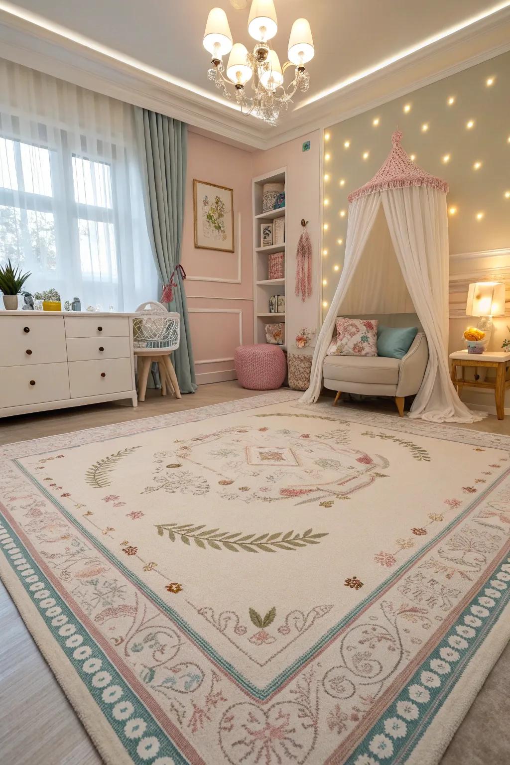 A children's room carpet with a decorative border, adding elegance and structure.