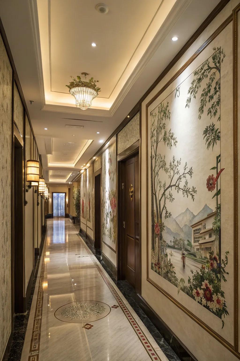 Chinoiserie art adding sophistication to the hallway.