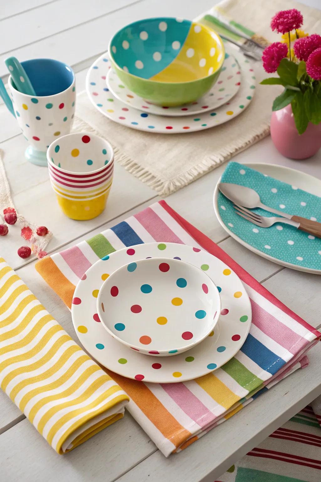 A playful and whimsical table setup with polka dots and stripes.