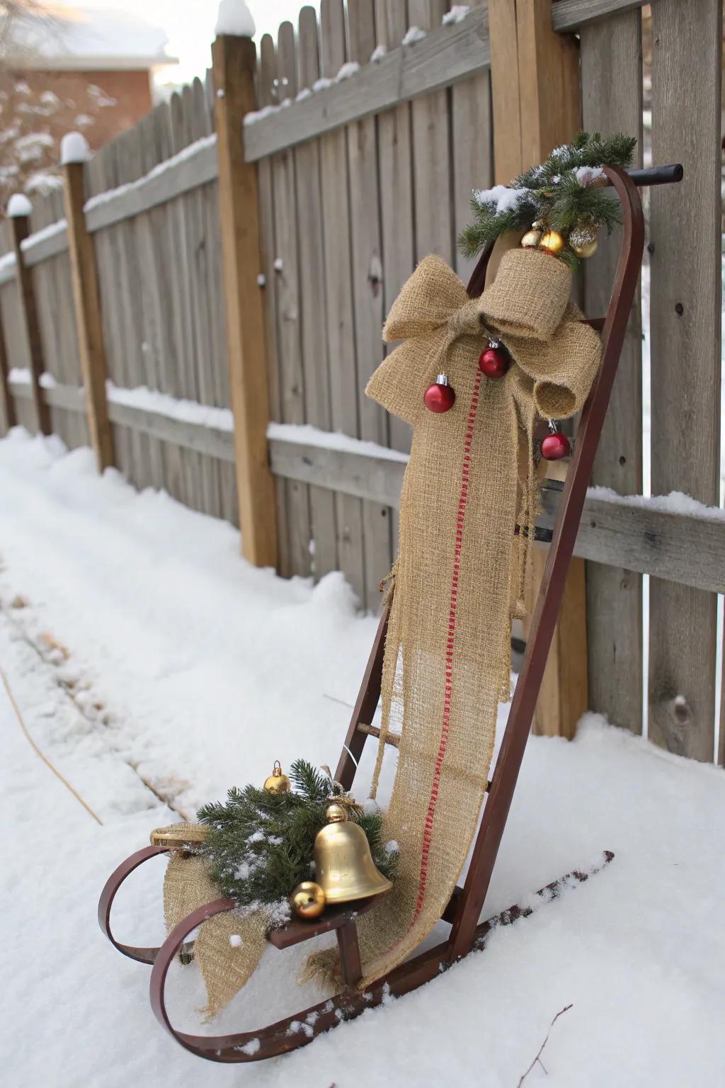 Rustic burlap and bells offer a homespun touch.