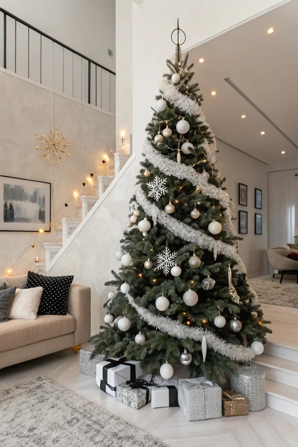 A chic Christmas tree with black and white garlands