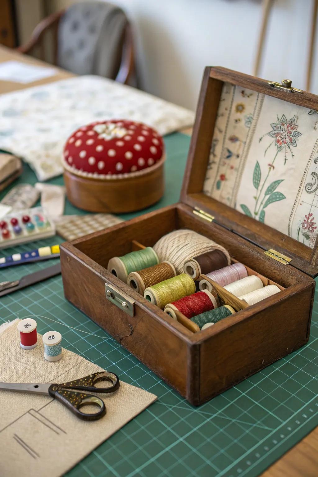 A vintage sewing kit crafted from a cigar box keeps your sewing essentials organized.