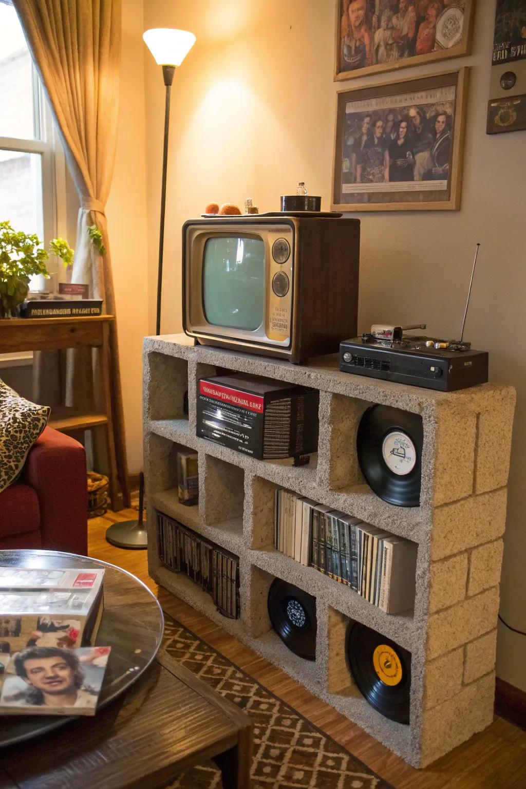 Vintage decor pieces bring nostalgic charm to this cinder block TV stand.