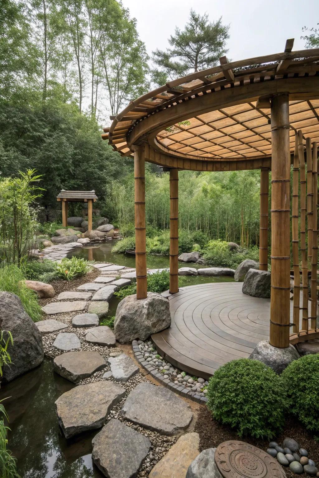 A Zen garden pergola provides a serene space for relaxation and meditation.