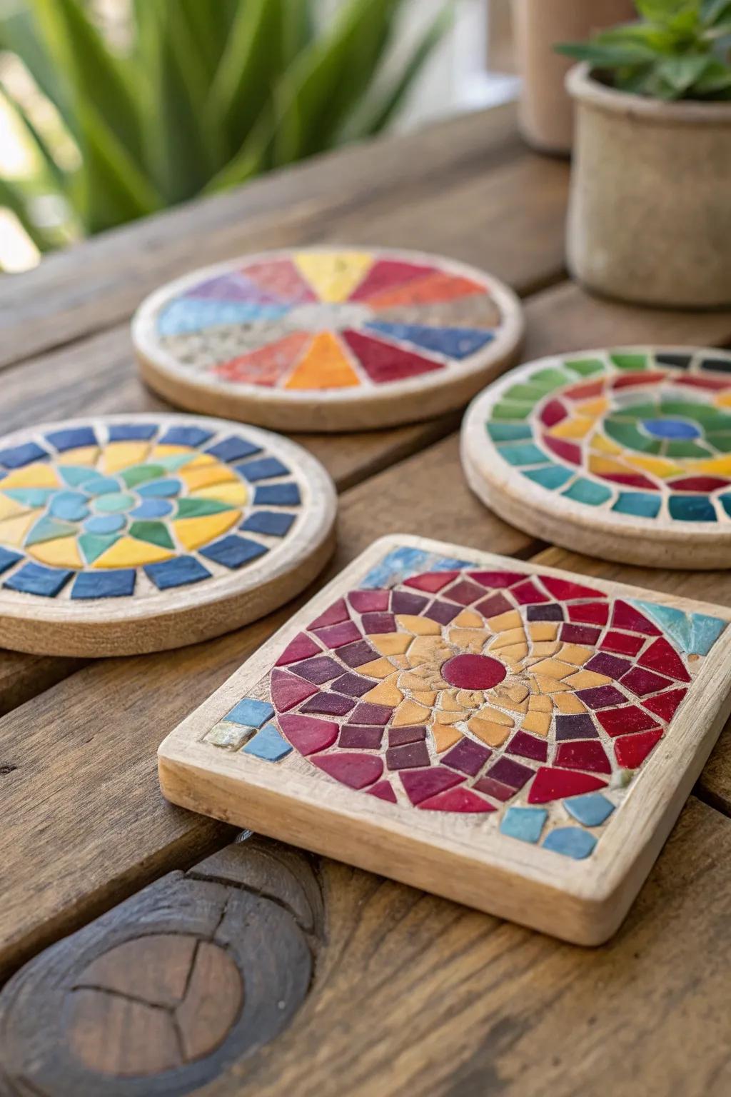 Mosaic tile coasters offer an artistic and colorful touch.