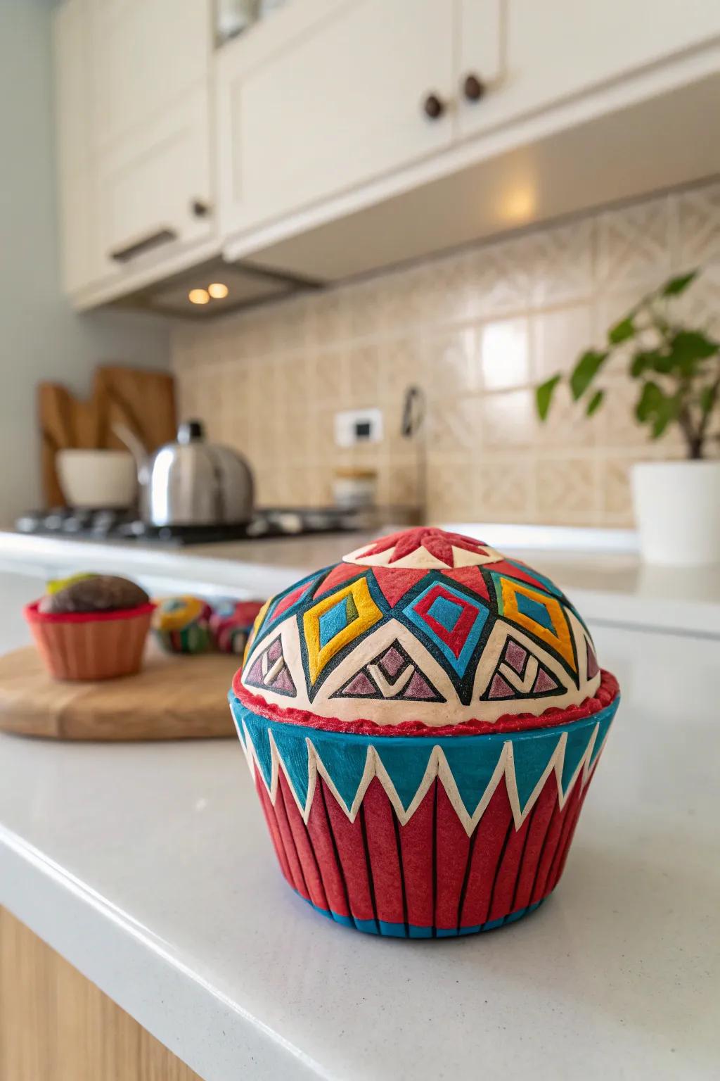 A geometric pattern clay cupcake, where modern meets classic.