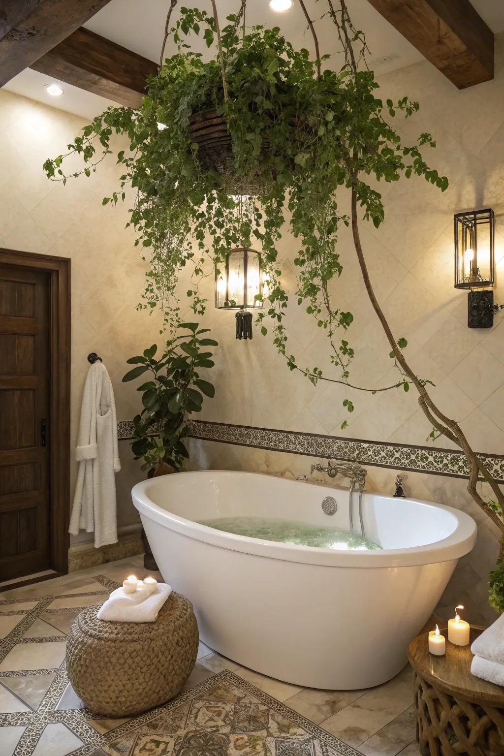 A plant above the tub adds tranquility to bath time.