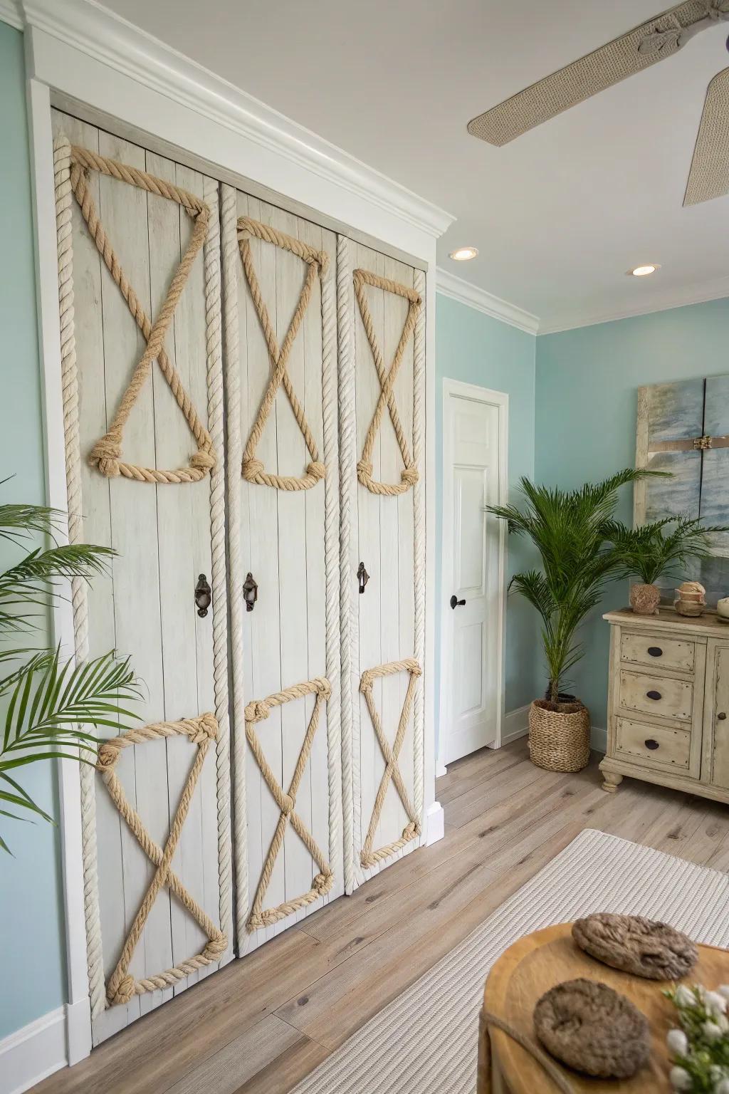 Rope-wrapped doors add a nautical and rustic charm.